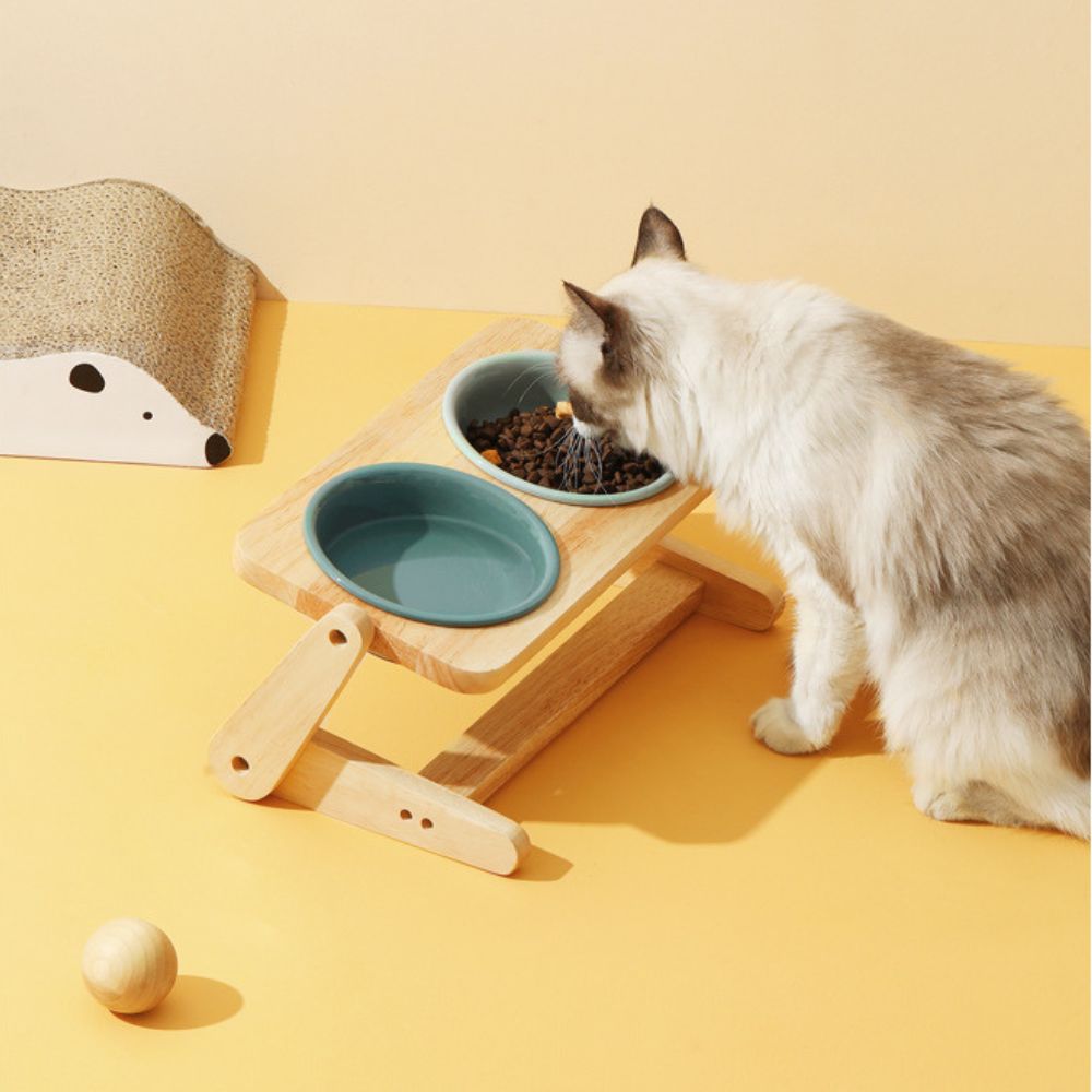 Adjustable Double Ceramic Dog Bowl with Wooden Stand