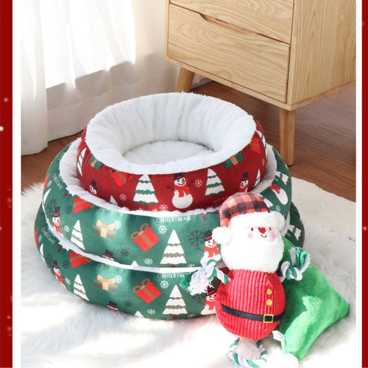 Christmas Thickened Warm Round Pet Bed for Cats and Dogs