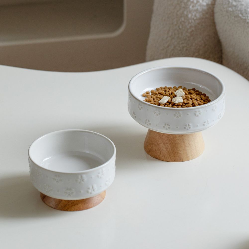 Elevated Ceramic Snowflake Pet Bowl with Wooden Stand