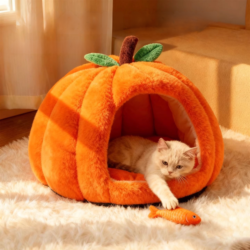 Cozy Pumpkin 360° Enclosed Design for Warmth Comfort Cat Bed
