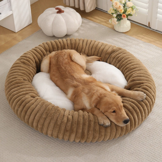 Round Donut Soft Plush Striped Cushion Dog Bed