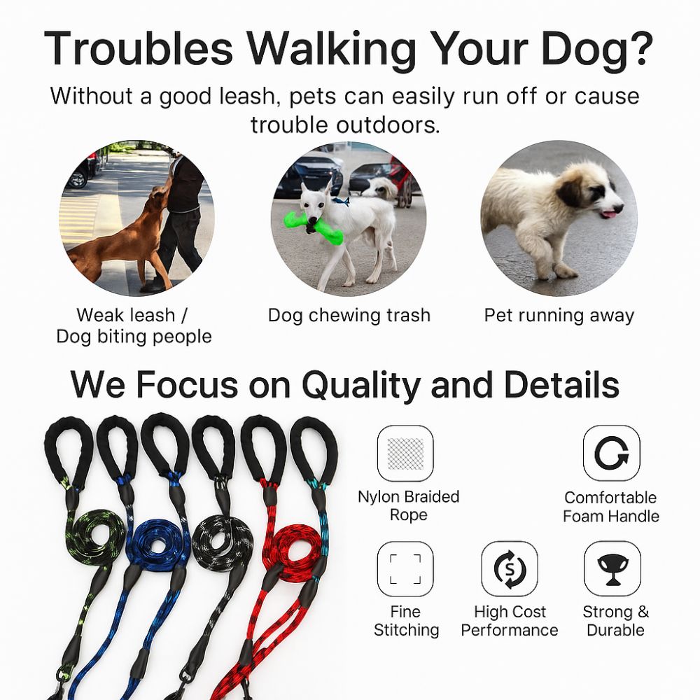 Reflective Rope Dog Leash with Waste Bag Holder – Durable Anti-Pull Pet Lead