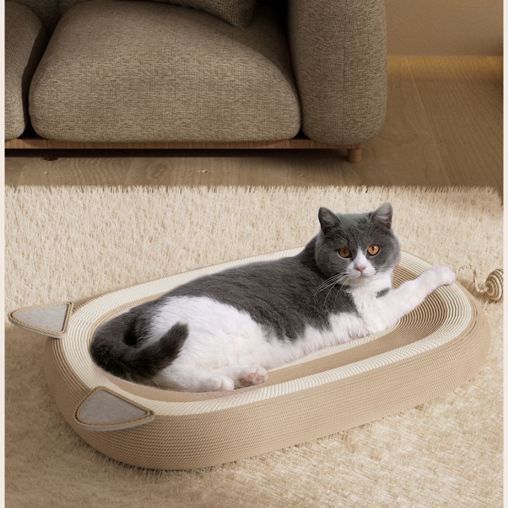 Cute Woven Cat Bed with Scratch-Resistant Linen and Ergonomic Design