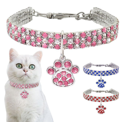 Sparkling Crystal Pet Collar – Adjustable Rhinestone Necklace with Paw Charm