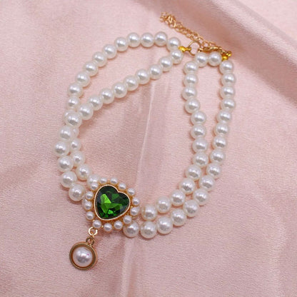 Elegant Double-Layer Pearl Pet Necklace  Heart Gem Pendant