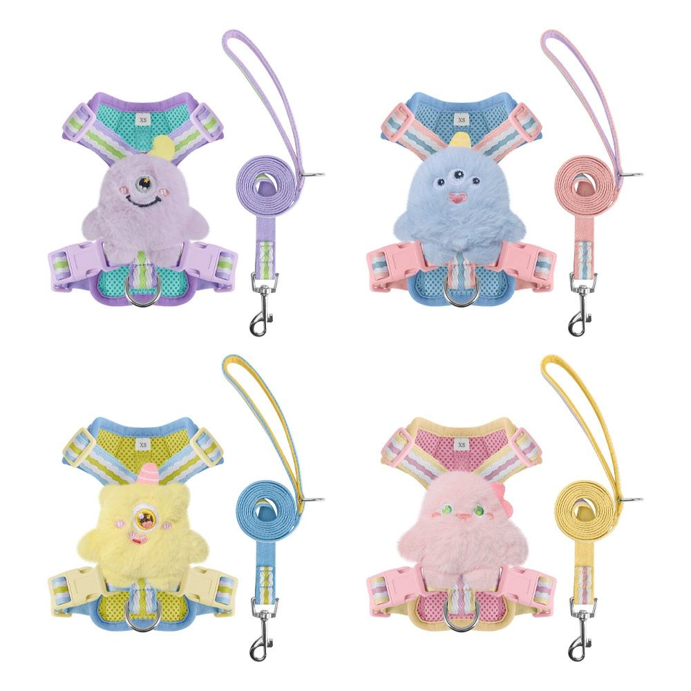 Lightweight Colorblock Dog Harness with Plush Monster Charm