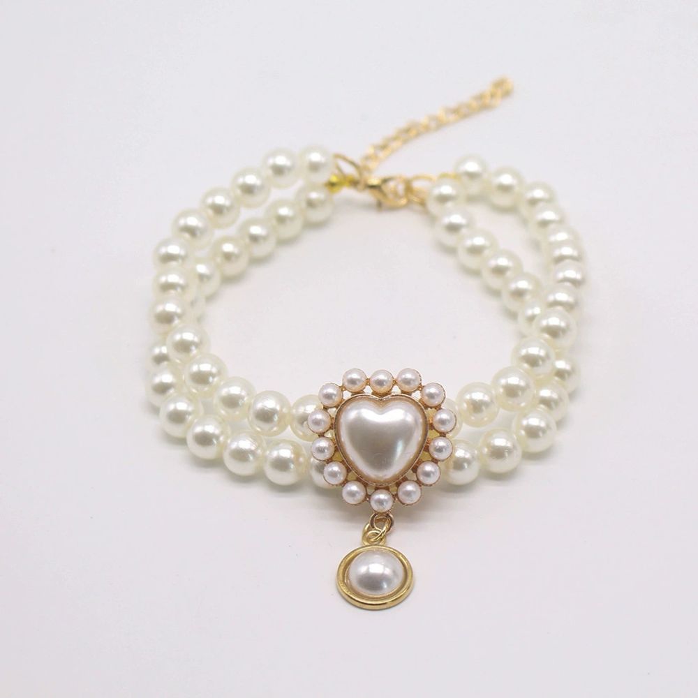 Elegant Double-Layer Pearl Pet Necklace  Heart Gem Pendant
