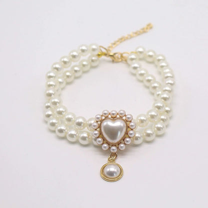 Elegant Double-Layer Pearl Pet Necklace  Heart Gem Pendant
