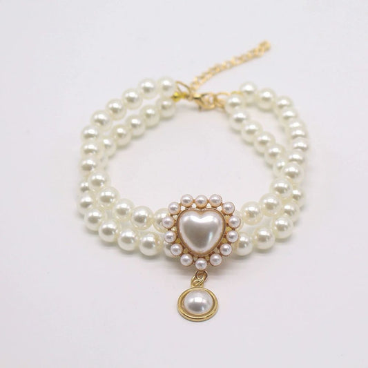 Elegant Double-Layer Pearl Pet Necklace  Heart Gem Pendant