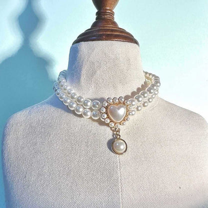 Elegant Double-Layer Pearl Pet Necklace  Heart Gem Pendant