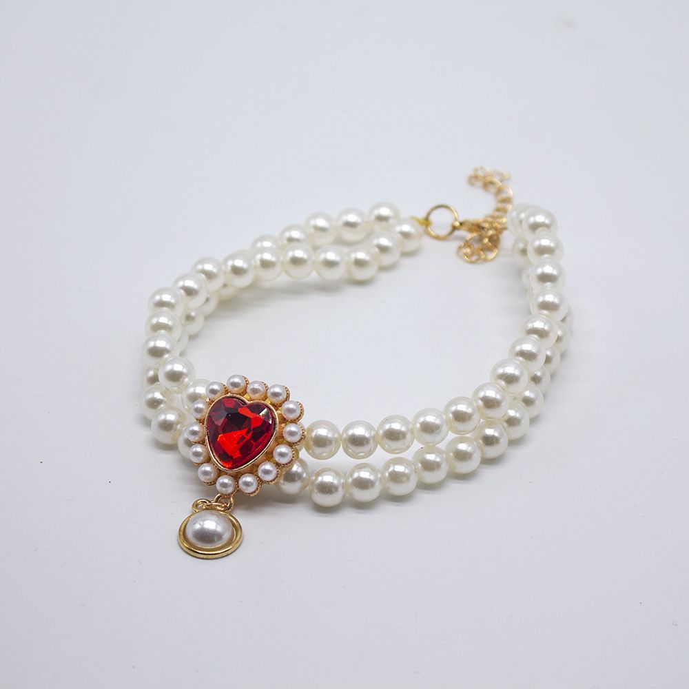 Elegant Double-Layer Pearl Pet Necklace  Heart Gem Pendant