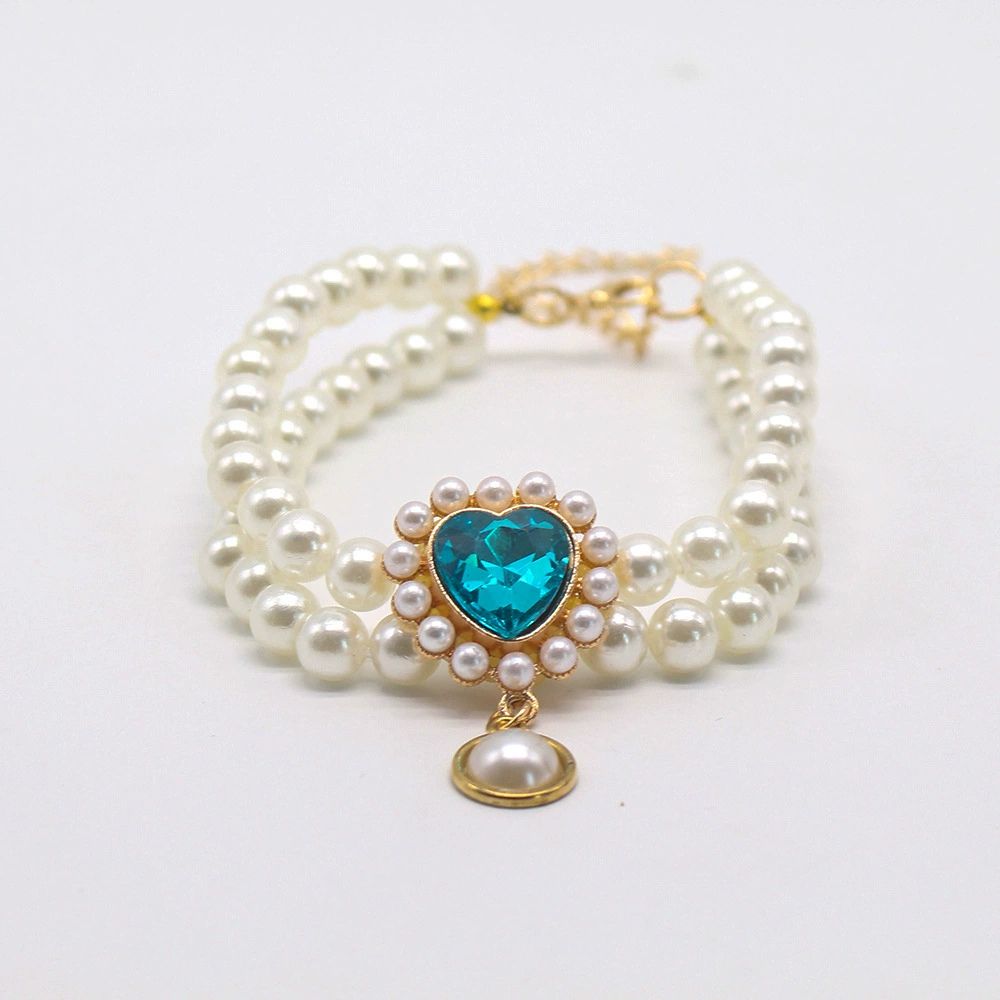 Elegant Double-Layer Pearl Pet Necklace  Heart Gem Pendant