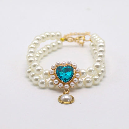 Elegant Double-Layer Pearl Pet Necklace  Heart Gem Pendant