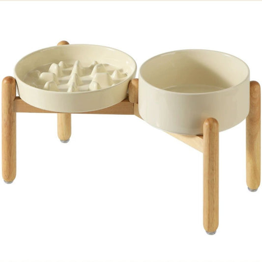 Elevated Ceramic Slow Feeder Dog Bowl with Wooden Stand