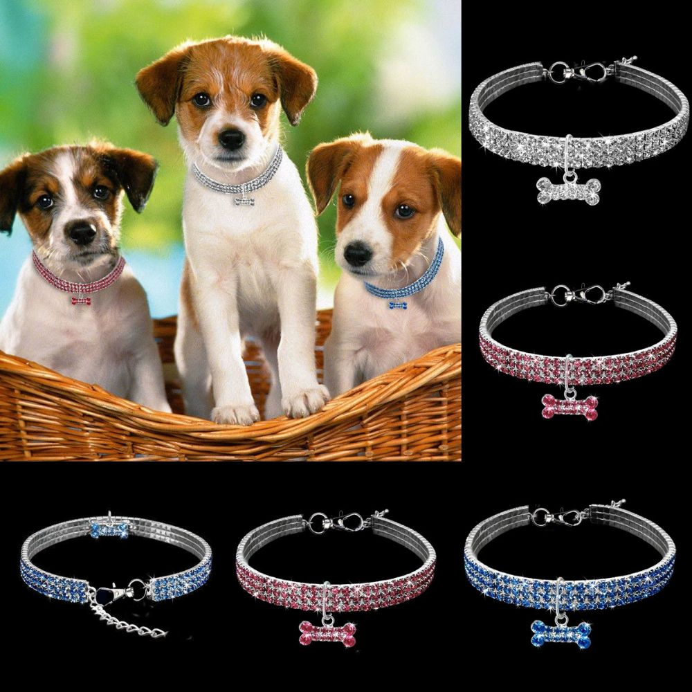 Sparkling Rhinestone Pet Necklace – Adjustable 3-Row Crystal Collar with Bone Charm