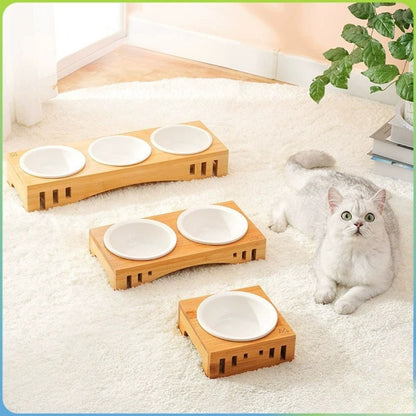 Elevated Ceramic & Bamboo Double Pet Bowl Stand