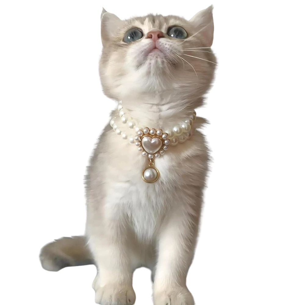 Elegant Double-Layer Pearl Pet Necklace  Heart Gem Pendant