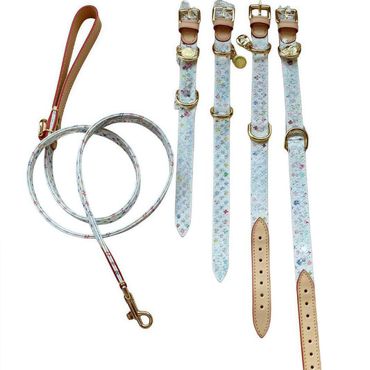 Murakami Style Genuine Leather Dog Collar with Gold Buckle