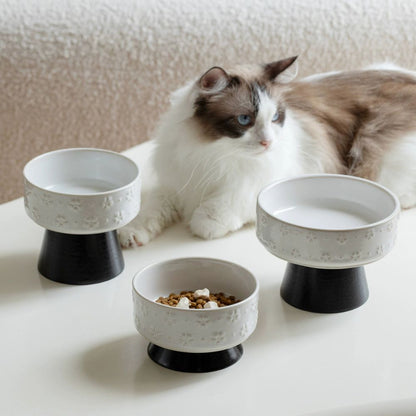 Elevated Ceramic Snowflake Pet Bowl with Wooden Stand