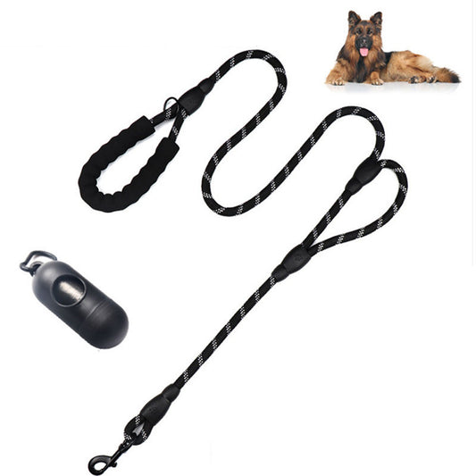 Reflective Rope Dog Leash with Waste Bag Holder – Durable Anti-Pull Pet Lead