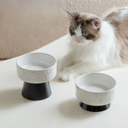 Elevated Ceramic Snowflake Pet Bowl with Wooden Stand