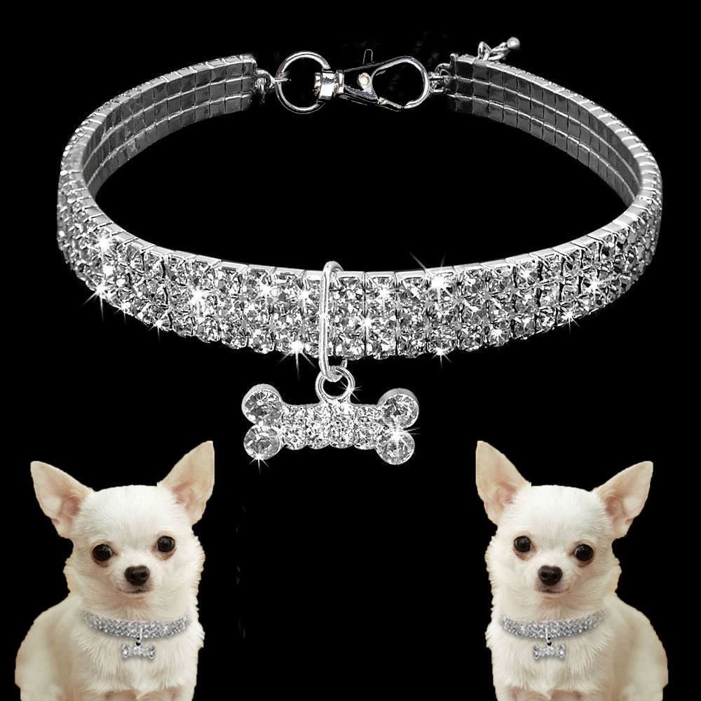 Sparkling Rhinestone Pet Necklace – Adjustable 3-Row Crystal Collar with Bone Charm