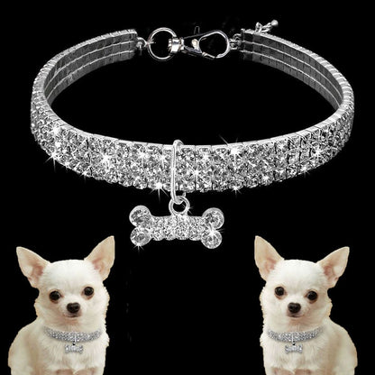Sparkling Rhinestone Pet Necklace – Adjustable 3-Row Crystal Collar with Bone Charm