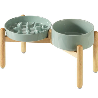 Elevated Ceramic Slow Feeder Dog Bowl with Wooden Stand