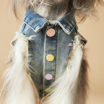 Spring Summer Embroidered Frayed Denim Dog Vest