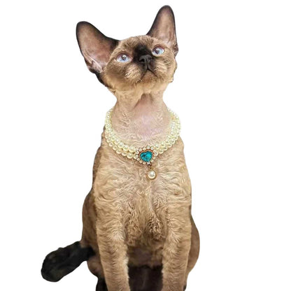 Elegant Double-Layer Pearl Pet Necklace  Heart Gem Pendant
