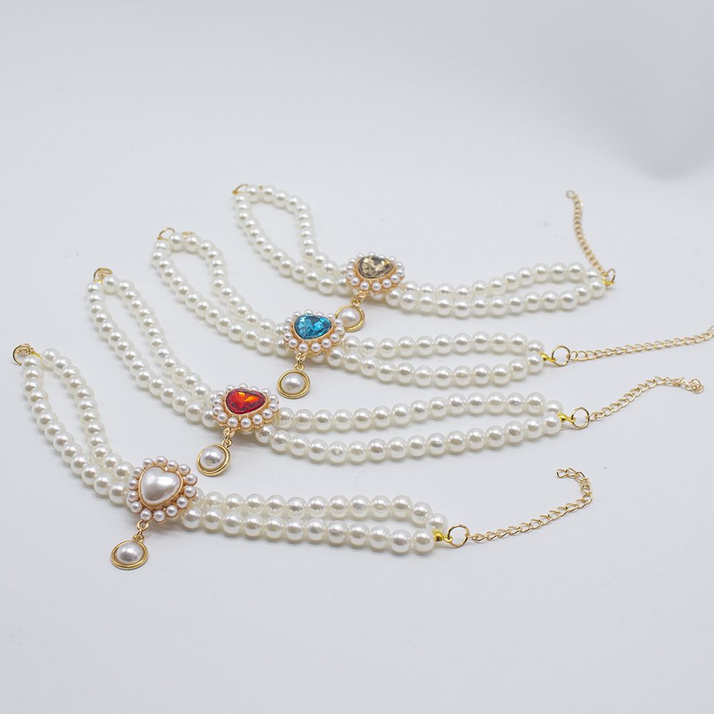 Elegant Double-Layer Pearl Pet Necklace  Heart Gem Pendant