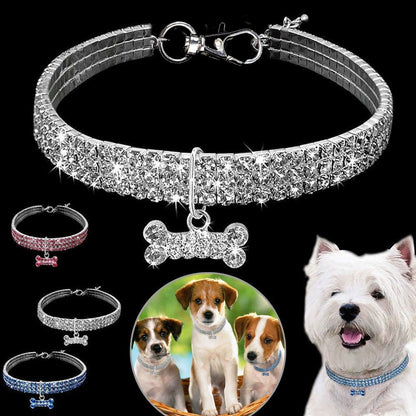 Sparkling Rhinestone Pet Necklace – Adjustable 3-Row Crystal Collar with Bone Charm