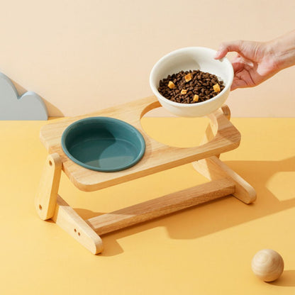 Adjustable Double Ceramic Dog Bowl with Wooden Stand