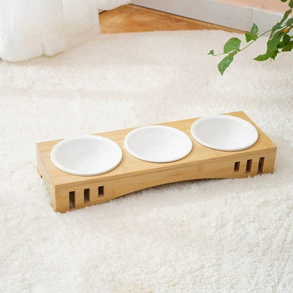 Elevated Ceramic & Bamboo Double Pet Bowl Stand