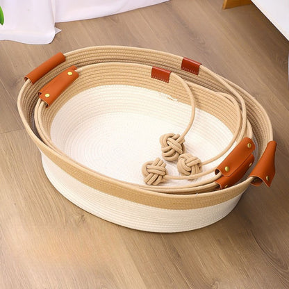 Handwoven Cotton Rope Pet Bed with Natural Rattan Texture