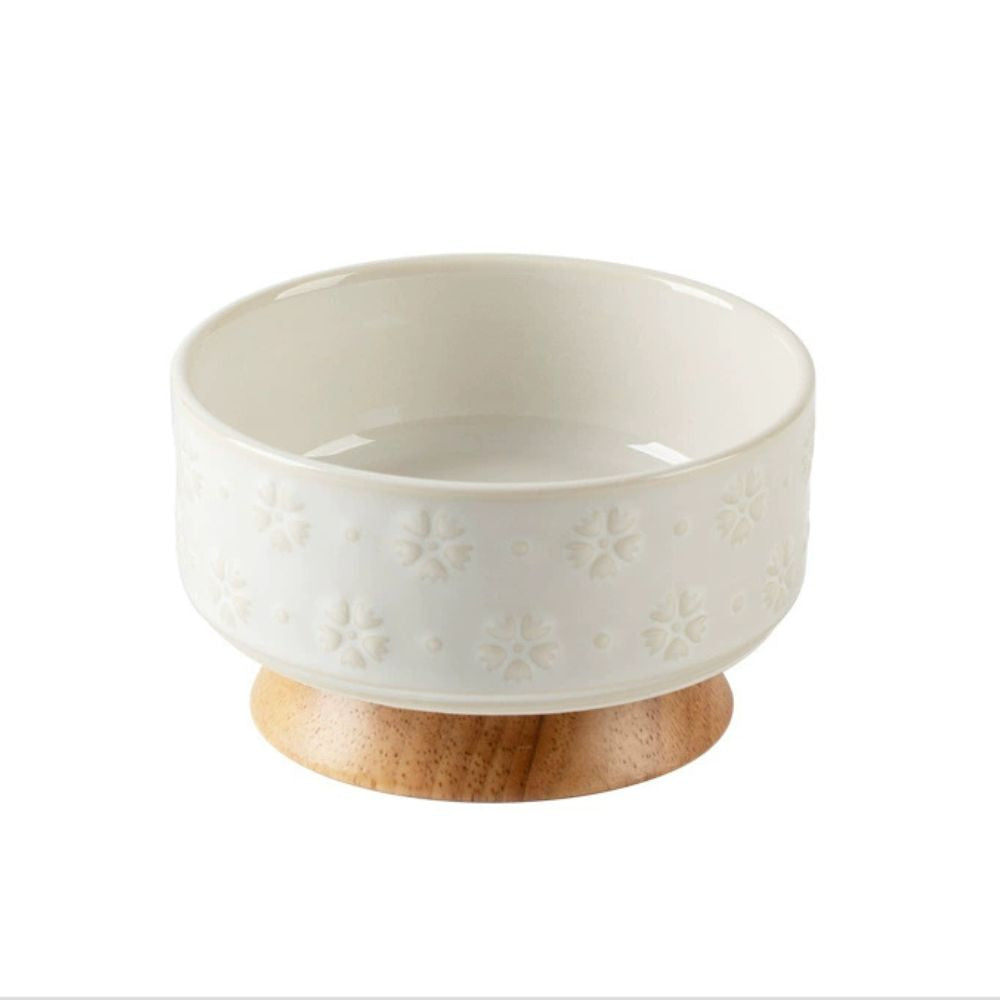 Elevated Ceramic Snowflake Pet Bowl with Wooden Stand
