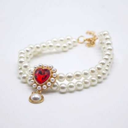 Elegant Double-Layer Pearl Pet Necklace  Heart Gem Pendant