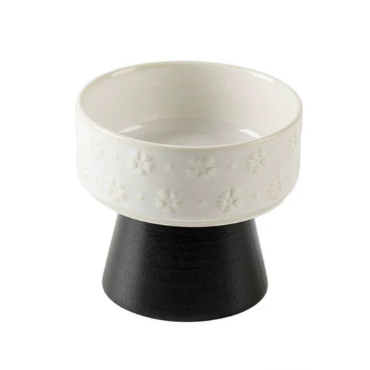 Elevated Ceramic Snowflake Pet Bowl with Wooden Stand