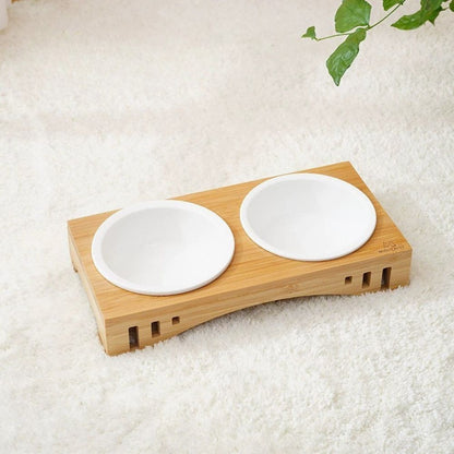 Elevated Ceramic & Bamboo Double Pet Bowl Stand