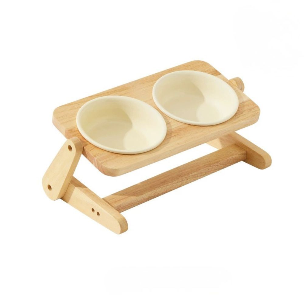 Adjustable Double Ceramic Dog Bowl with Wooden Stand
