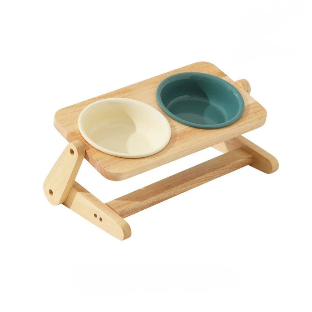 Adjustable Double Ceramic Dog Bowl with Wooden Stand