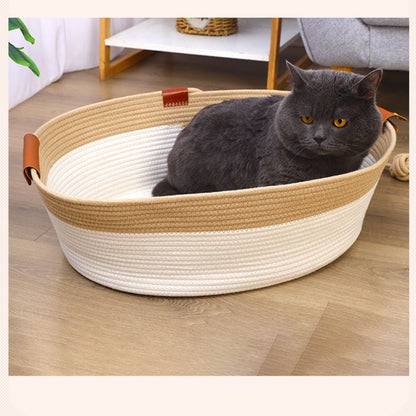 Handwoven Cotton Rope Pet Bed with Natural Rattan Texture