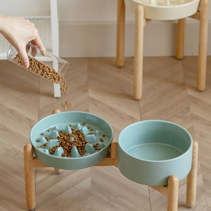 Elevated Ceramic Slow Feeder Dog Bowl with Wooden Stand
