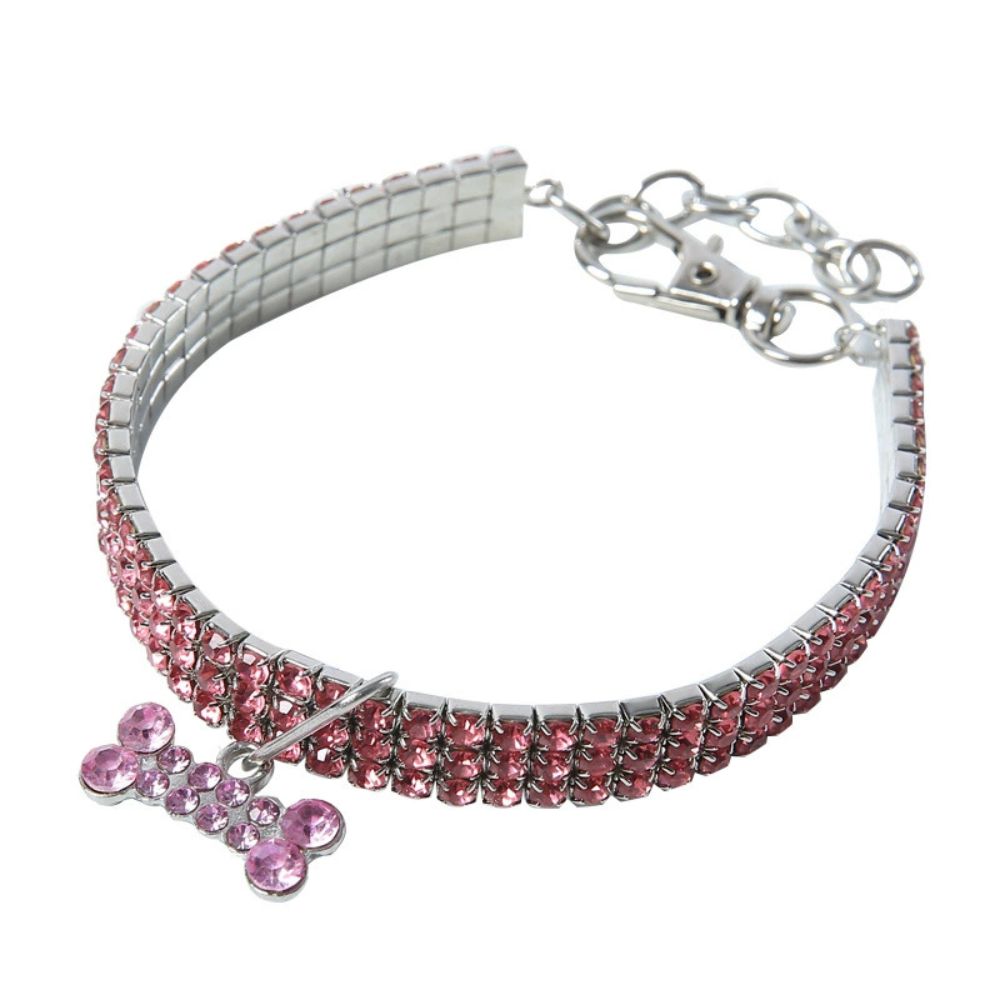 Sparkling Rhinestone Pet Necklace – Adjustable 3-Row Crystal Collar with Bone Charm