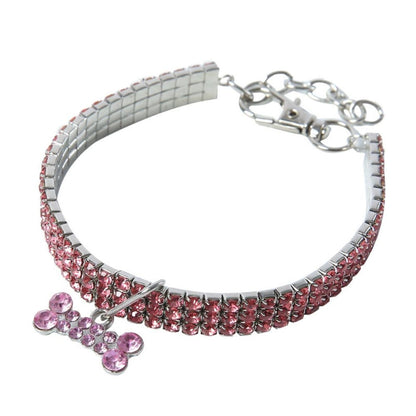Sparkling Rhinestone Pet Necklace – Adjustable 3-Row Crystal Collar with Bone Charm