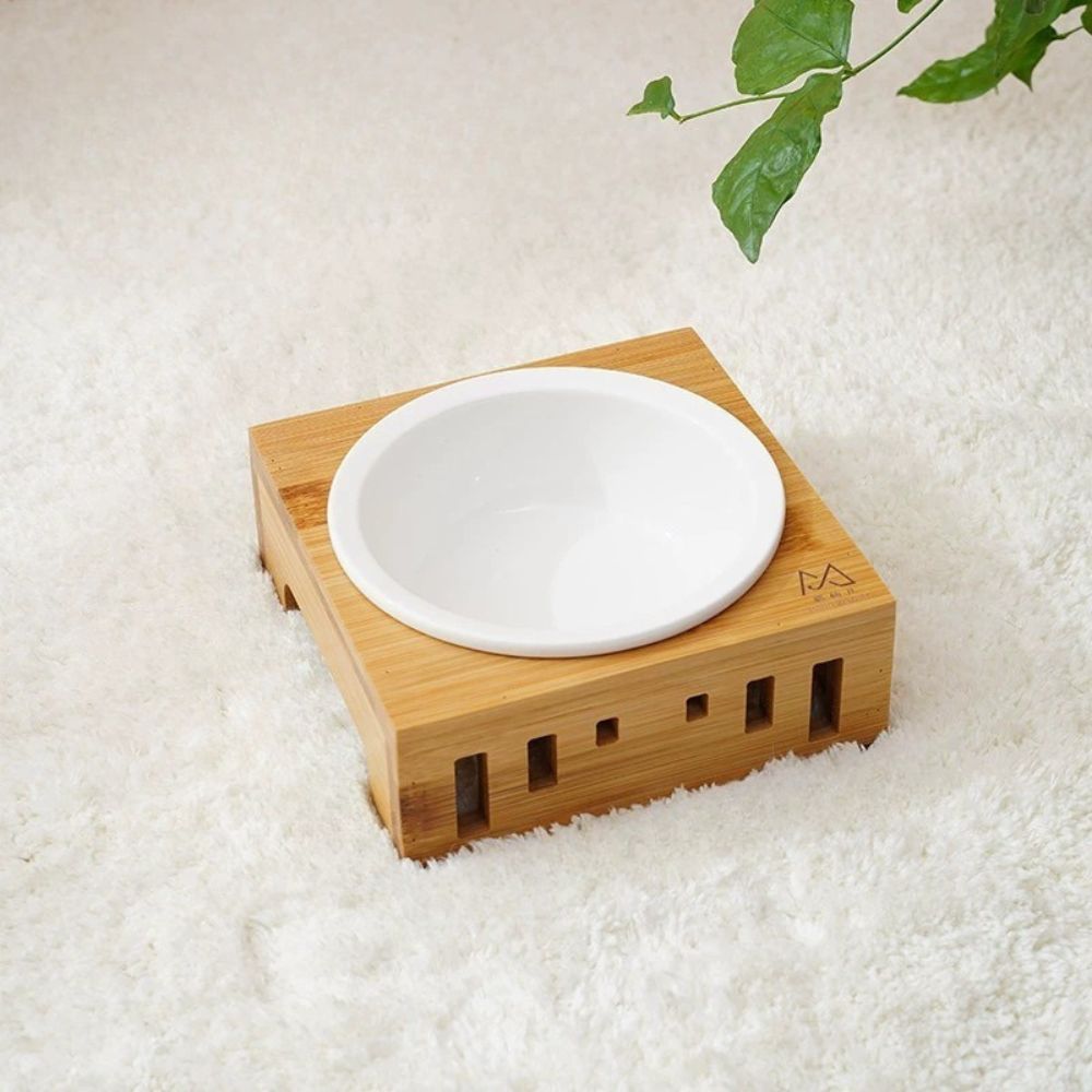 Elevated Ceramic & Bamboo Double Pet Bowl Stand