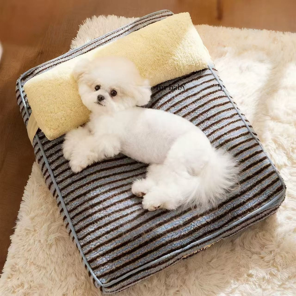 Cozy Plush Striped Dog Bed with Pillow Support