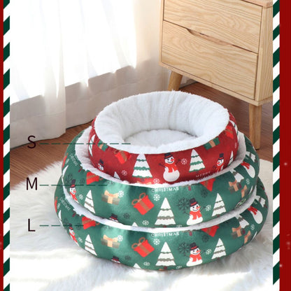 Christmas Thickened Warm Round Pet Bed for Cats and Dogs