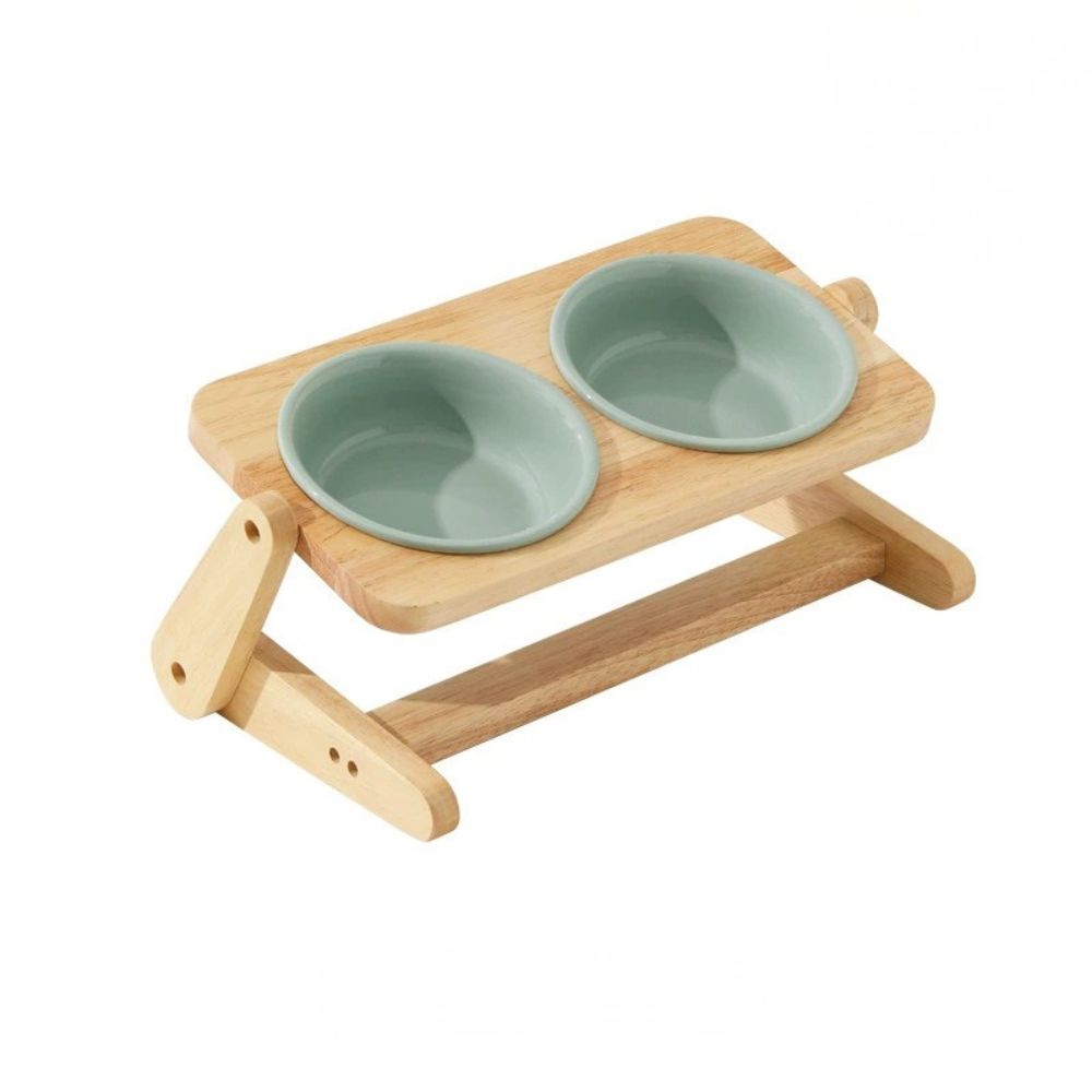 Adjustable Double Ceramic Dog Bowl with Wooden Stand