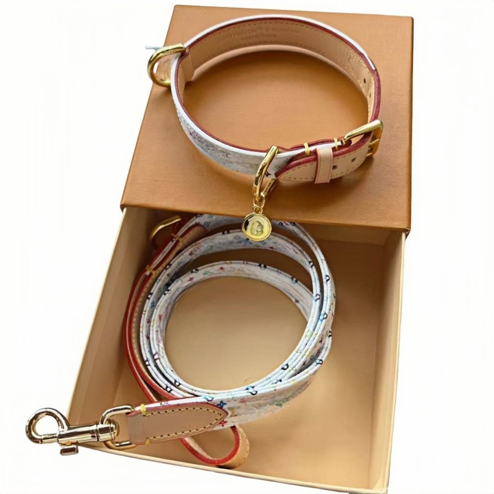 Murakami Style Genuine Leather Dog Collar with Gold Buckle